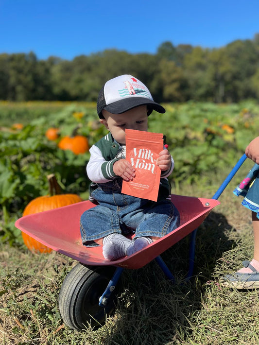 Baby holding freeze-dried milk packet in pumpkin patch