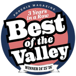 Phoenix Magazine Best of the Valley badge celebrating Milk by Mom as a three-year winner in 2024, 2025, and 2026 for its breast milk freeze-drying service in Arizona