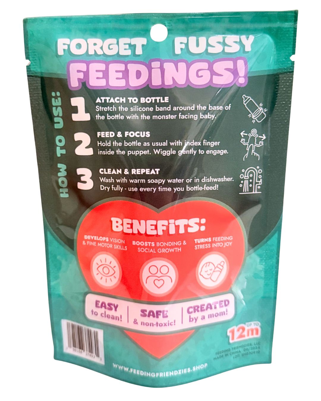 Back of baby feeding product packaging showing instructions on how to attach and use a silicone bottle toy, along with benefits like improving bonding, supporting vision and motor skills, and making feeding time easier for parents and babies