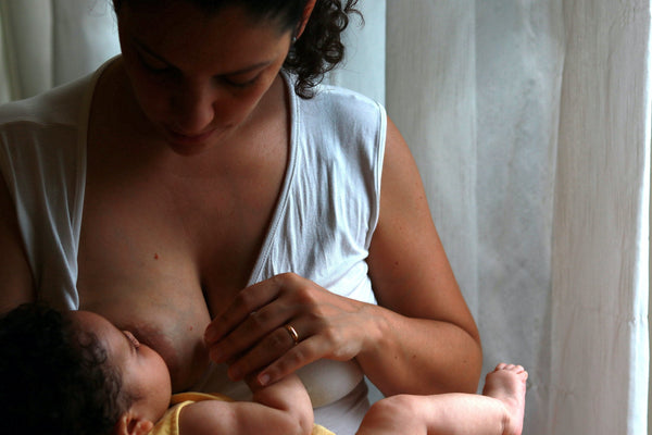 Mother nursing baby by the window