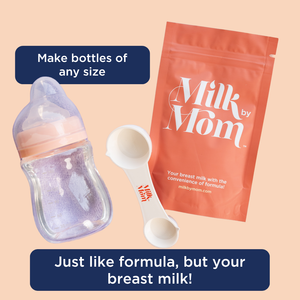 Milk by Mom powdered breast milk packet with baby bottle and two in one measuring scoop. Text reads 'Make bottles of any size' and 'Just like formula, but your breast milk!'