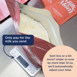 Open pink pouch of breastmilk powder on a digital scale showing 659.7 grams, with text stating 