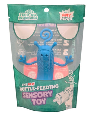 Front of baby product packaging displaying a blue silicone bottle toy designed to attach to any bottle and help keep babies engaged during bottle feeding.
