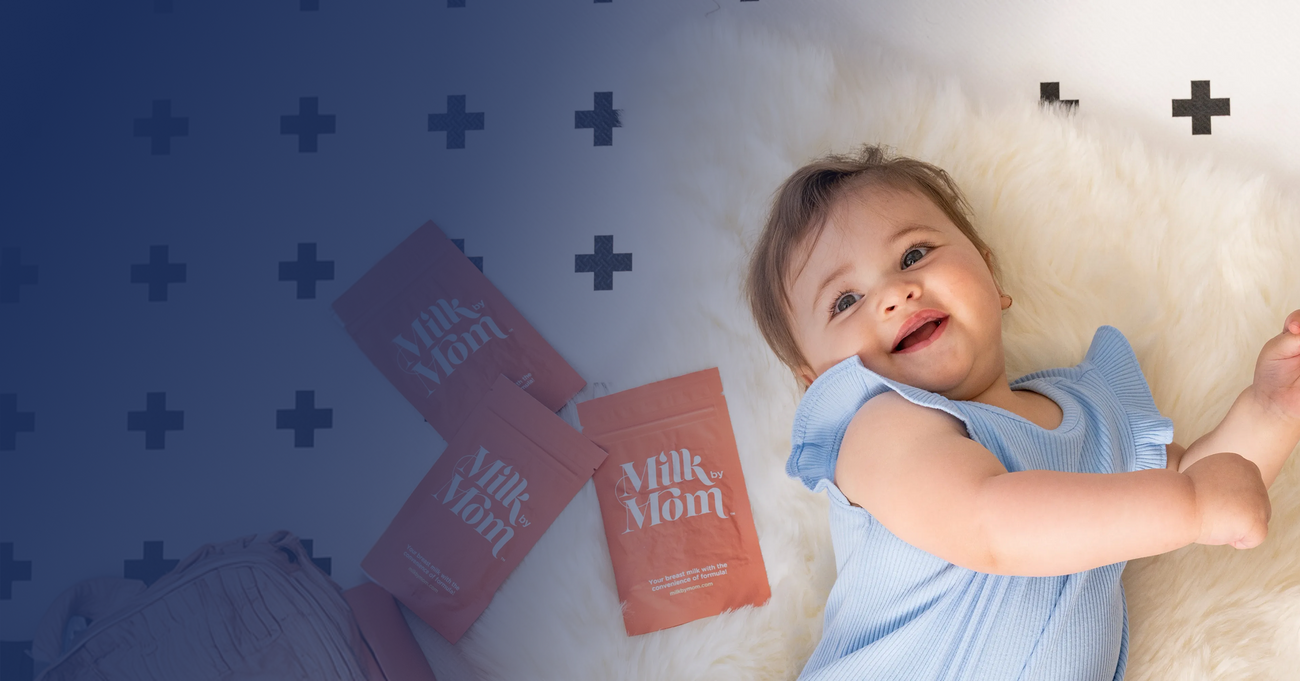 Happy baby lying on a soft surface with Milk by Mom freeze-dried breast milk pouches nearby, showcasing easy access to nutritious, convenient breast milk for infant health and development
