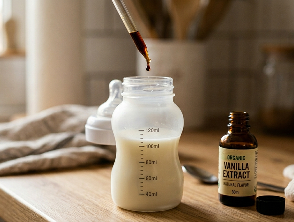 Dropper adding vanilla extract into a baby bottle of milk, illustrating flavoring milk, infant feeding preparation, and safe ways to enhance taste for babies