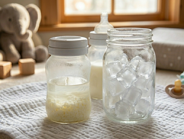 Baby bottles with separated breast milk and a jar of ice cubes on a nursery table, illustrating breast milk storage, fat separation, and safe cooling methods for infant feeding