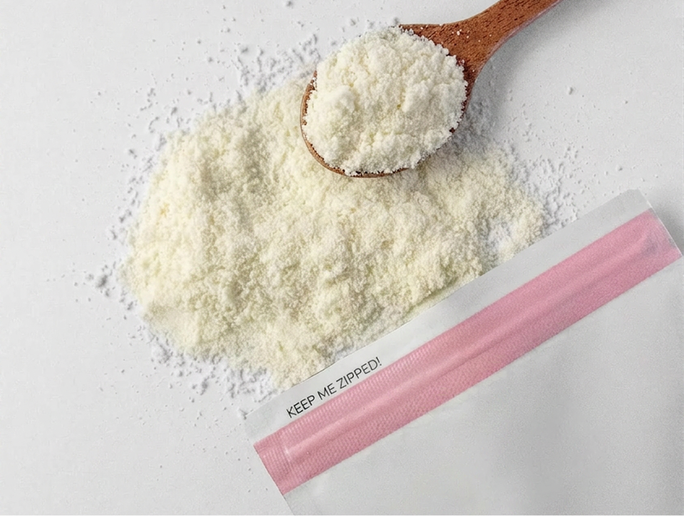Freeze-dried breast milk powder on a spoon with a storage pouch seal, illustrating breast milk preservation, powder form, and safe, convenient storage for feeding