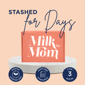 Milk by Mom box displayed on a round marble stand with text above reading 'Stashed for Days.' Icons below highlight benefits: preserves nutritional value, custom label and instructions, and 3-year shelf life.