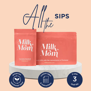 Milk by Mom freeze-dried breast milk pouches in “All the Sips” bundle, featuring single-use and large storage options with 3-year shelf life, preserved nutrition, and custom labeling for flexible breast milk storage