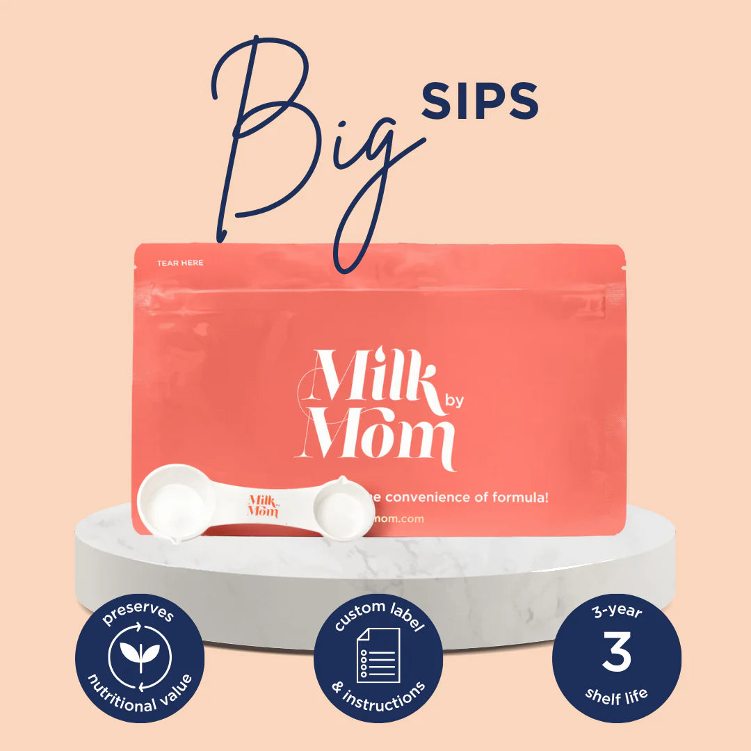 Milk by Mom Big Sips large freeze-dried breast milk pouch with scoop, featuring 3-year shelf life, preserved nutritional value, and custom label instructions for convenient long-term breast milk storage