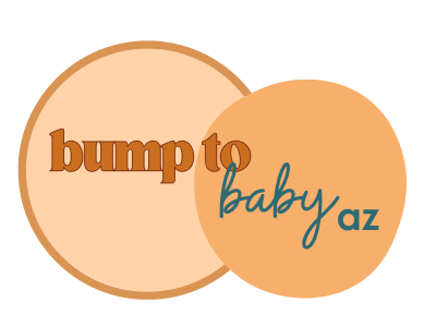 Bump to Baby AZ logo featuring overlapping peach and orange circles with stylized teal and brown lettering