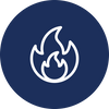 Navy blue circular icon with a white flame symbol, representing the low-heat process used in freeze-drying to preserve the nutritional integrity of breast milk