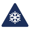 Navy blue triangular cold-temperature icon featuring a snowflake symbol