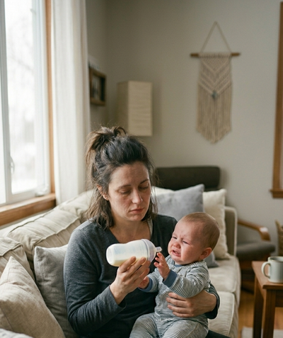 Mom feeding a fussy baby with a bottle on a couch at home, highlighting real-life feeding moments, infant care, and everyday challenges of breastfeeding and bottle feeding