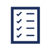 Navy blue checklist icon featuring multiple checkmarks and lines, representing a completed process or quality checklist
