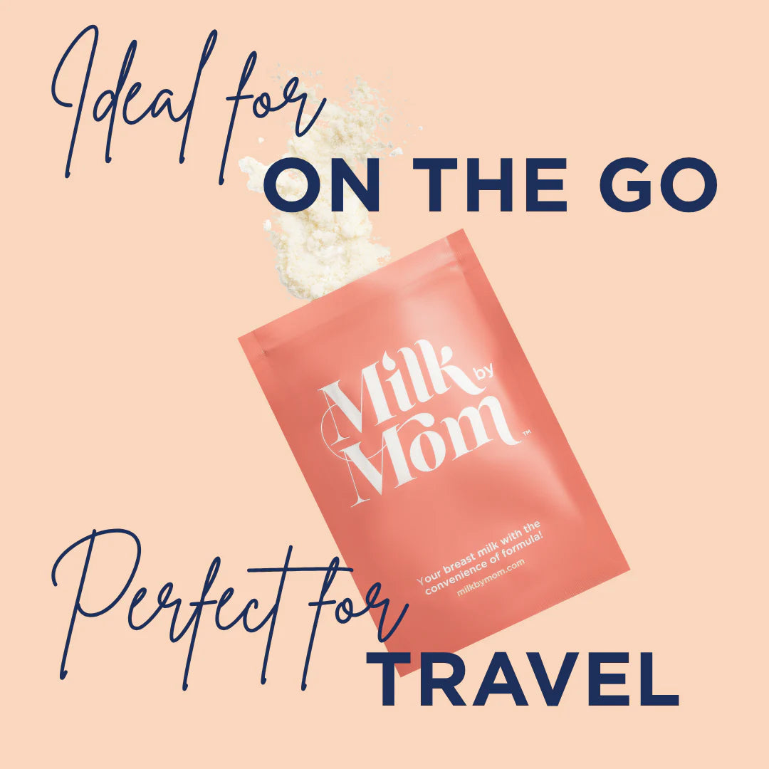Milk by Mom freeze-dried breast milk pouch with powder pouring out, labeled “ideal for on the go” and “perfect for travel,” highlighting convenient, portable breast milk storage for busy moms and travel-friendly feeding