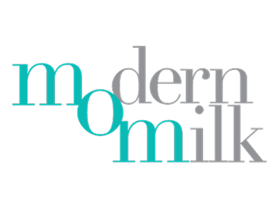 Modern Milk logo featuring overlapping teal and gray typography on a white background