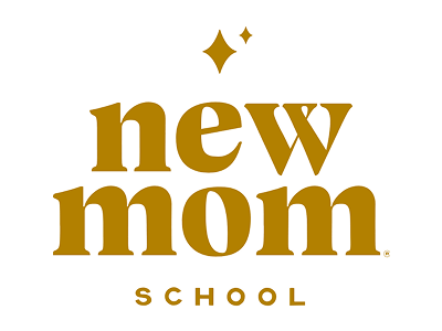 New Mom School logo in warm gold lettering with decorative sparkle accents