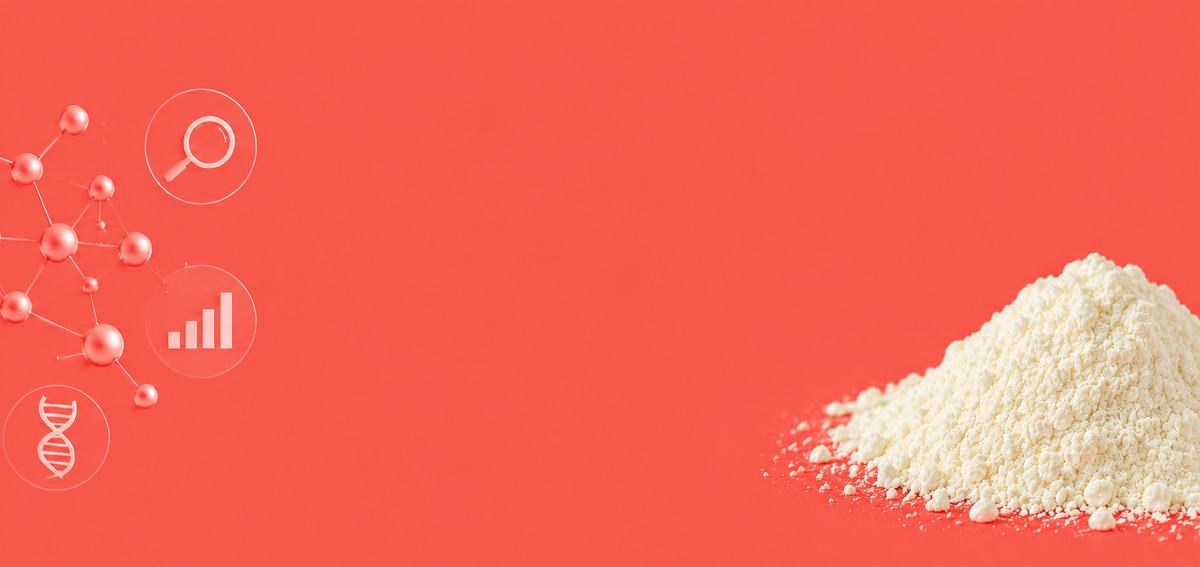 White breast milk powder on a coral background with subtle molecular, research, data, and DNA icons representing science and nutritional analysis
